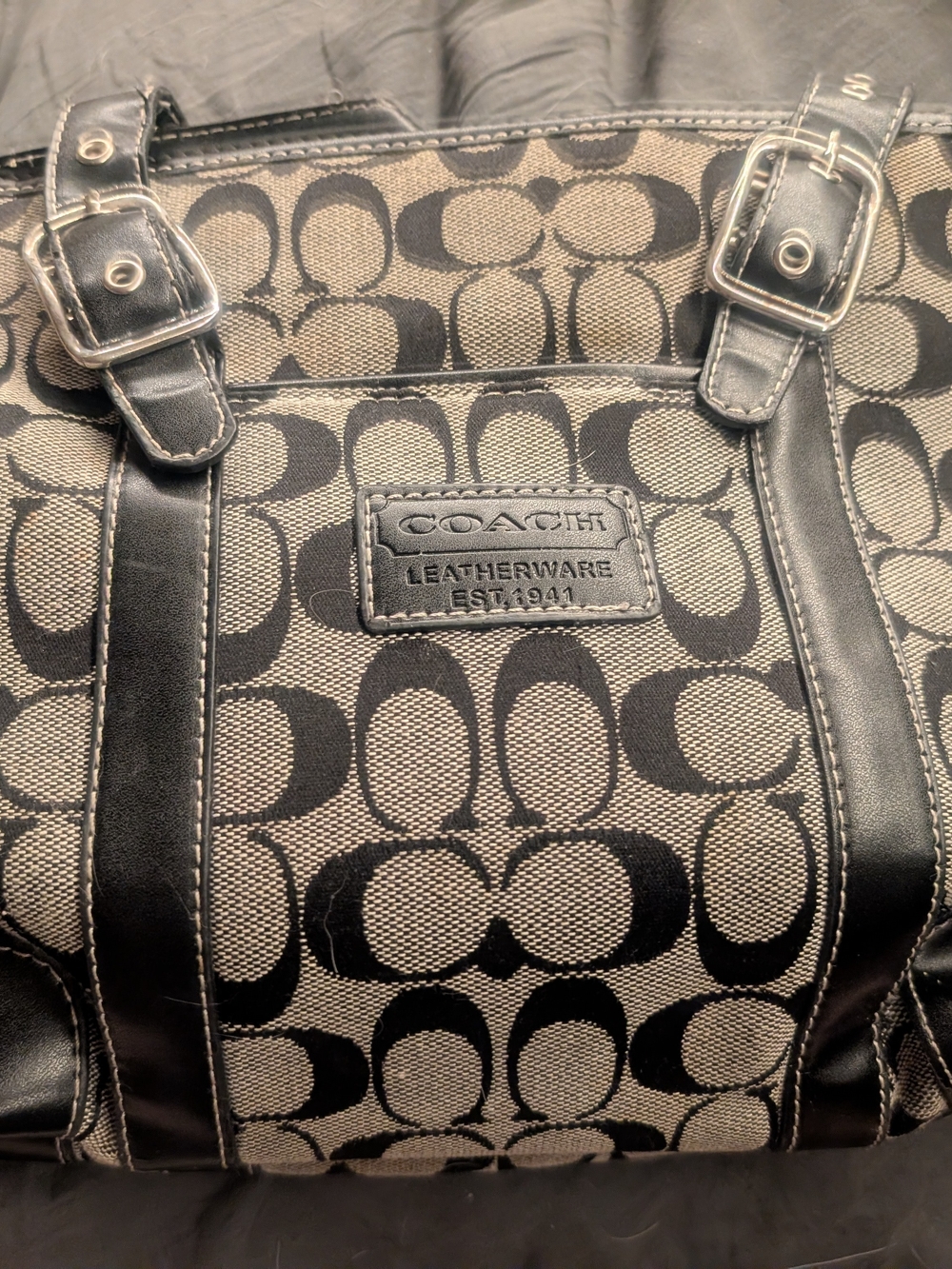 Coach Black and Khaki Signature Canvas Tote